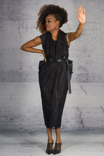 Sandrine Philippe - Adour DressSandrine Philippe Lace Sculptural Dress leather details and belt - Avant-Garde Tailored Design