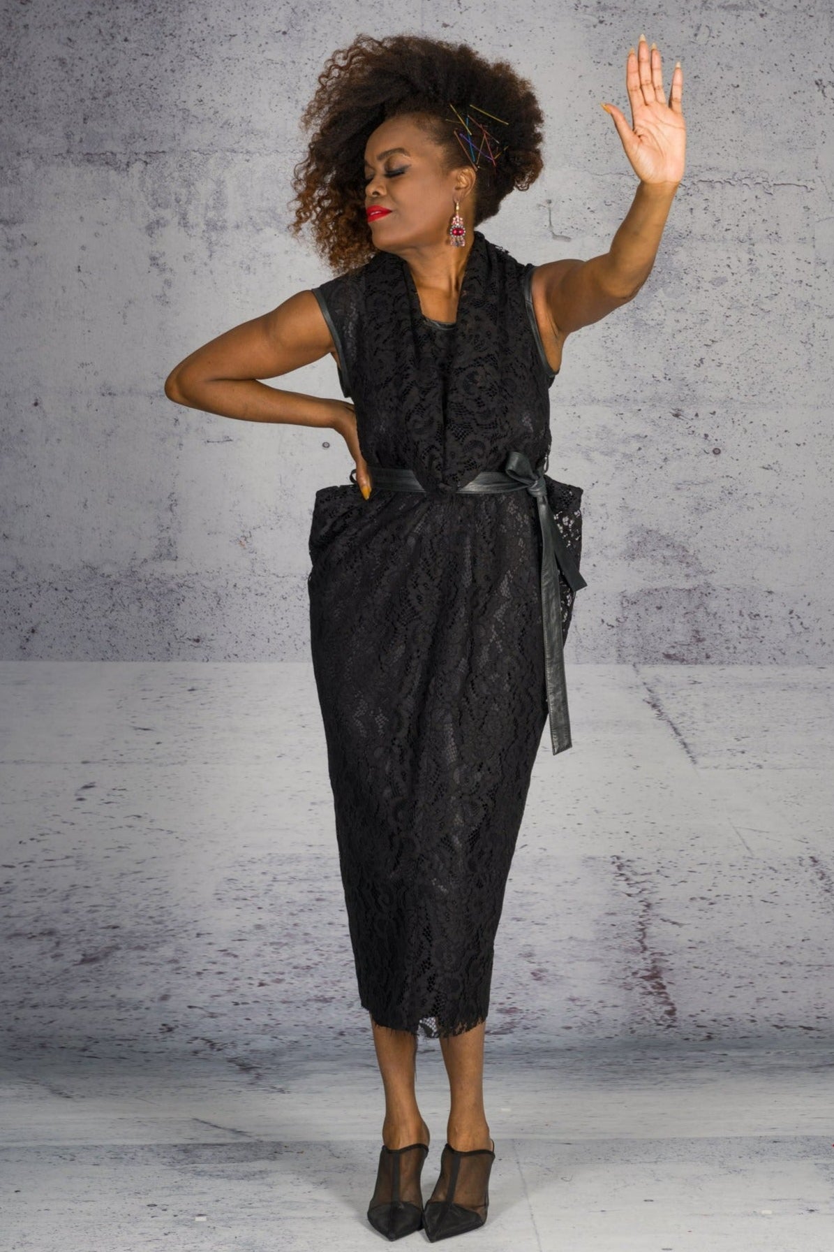 Sandrine Philippe - Adour DressSandrine Philippe Lace Sculptural Dress leather details and belt - Avant-Garde Tailored Design