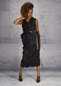 Sandrine Philippe Lace Sculptural Dress leather details and belt - Avant-Garde Tailored Design