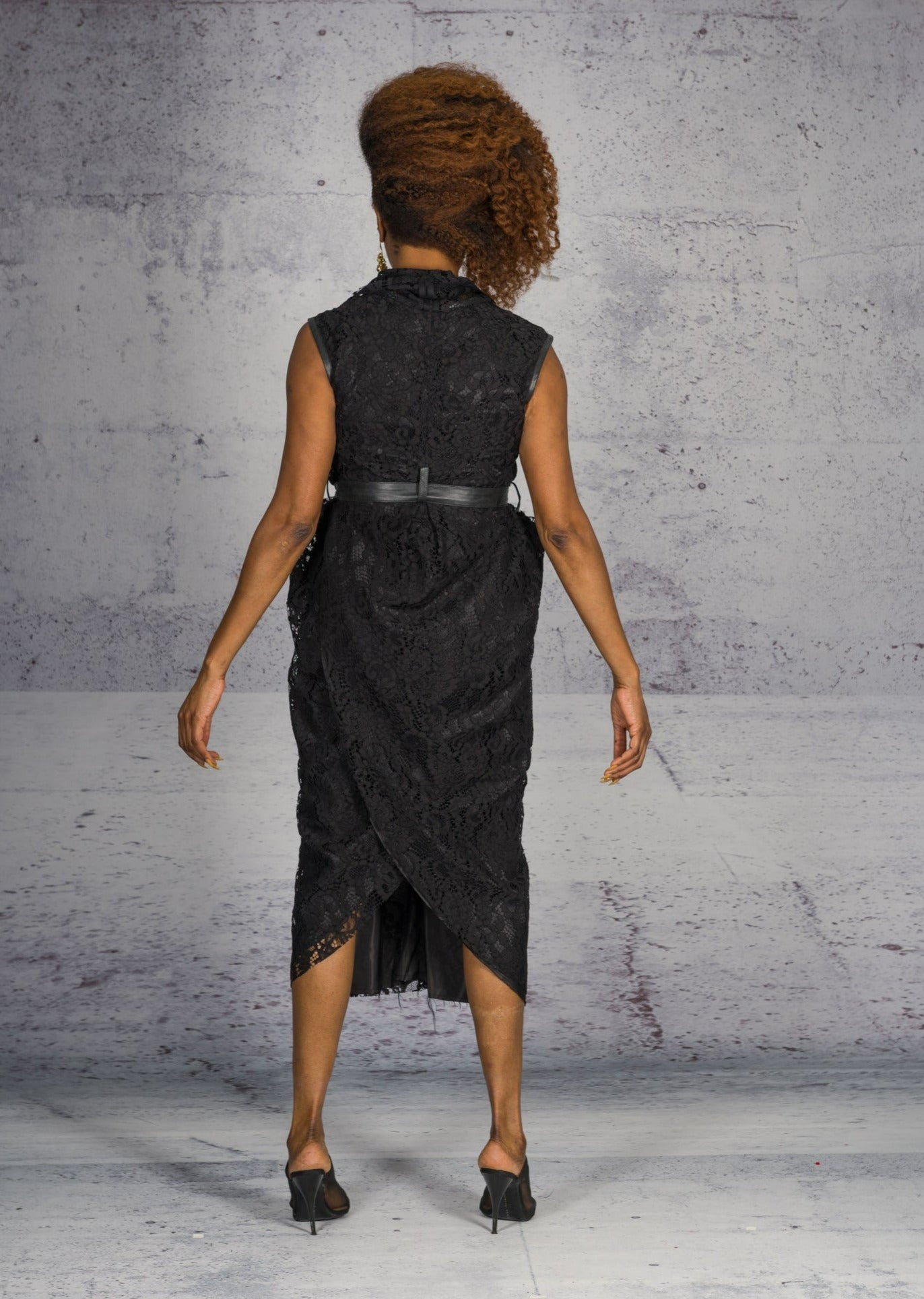 Sandrine Philippe Lace Sculptural Dress leather details and belt - Avant-Garde Tailored Design