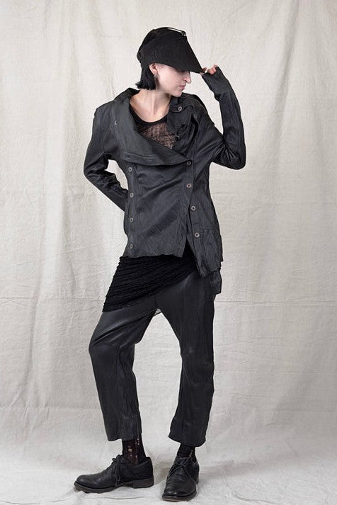 Sandrine Philippe - Jacket, asymmetric, Crushed leather, Buttons - Unisex- Made in Paris