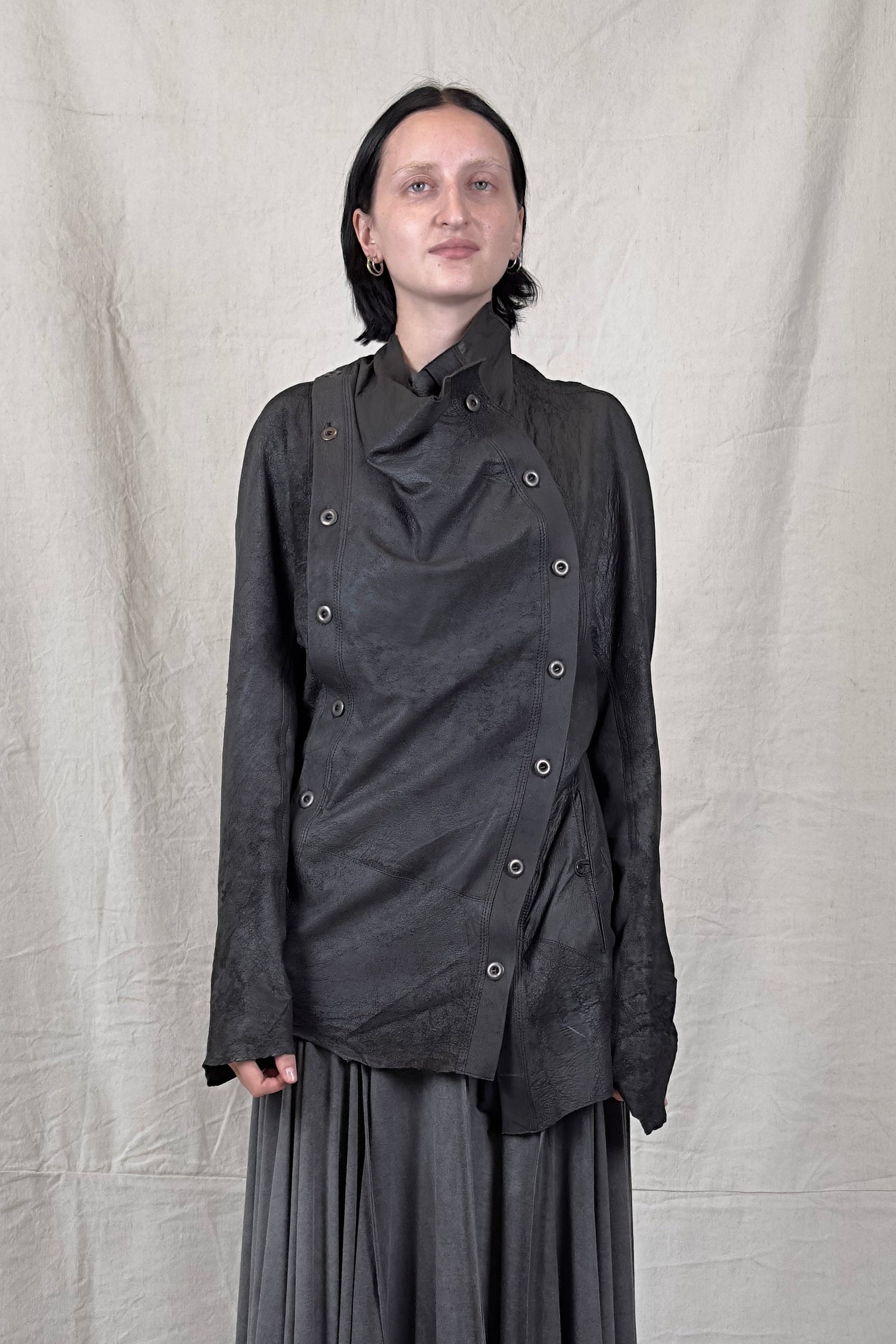 Sandrine Philippe - Jacket, asymmetric, Crushed leather, Buttons - Unisex- Made in Paris