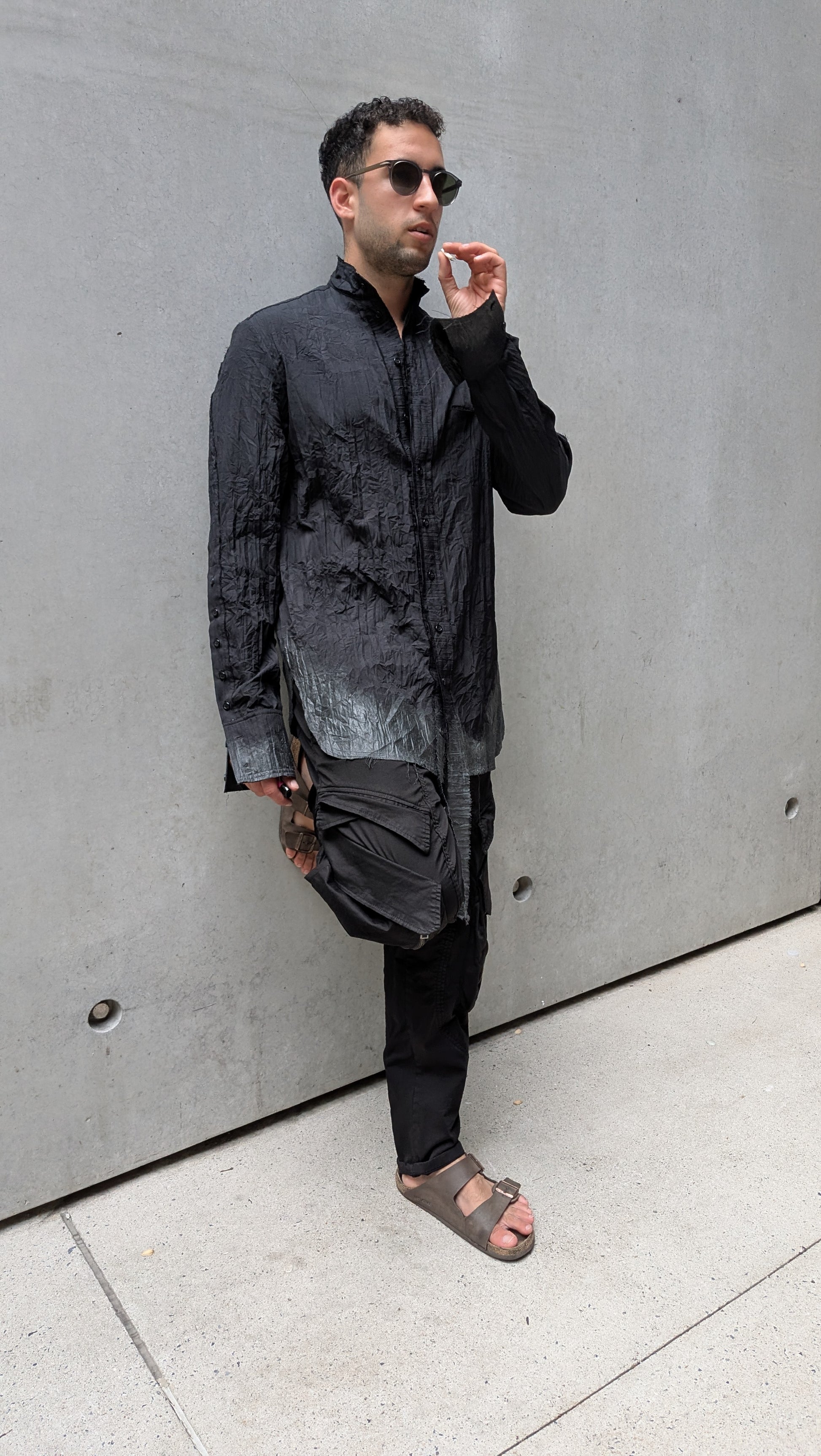 Sandrine Philippe Paris - Button-down Shirt, Crumpled Cotton , hand-painted – Textural Experimental Design - black