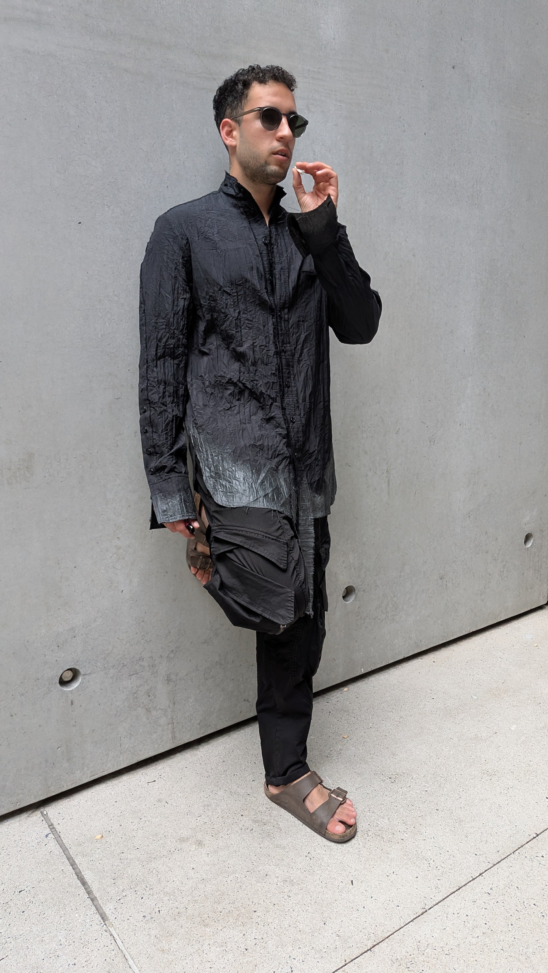 Sandrine Philippe Paris - Button-down Shirt, Crumpled Cotton , hand-painted – Textural Experimental Design - black