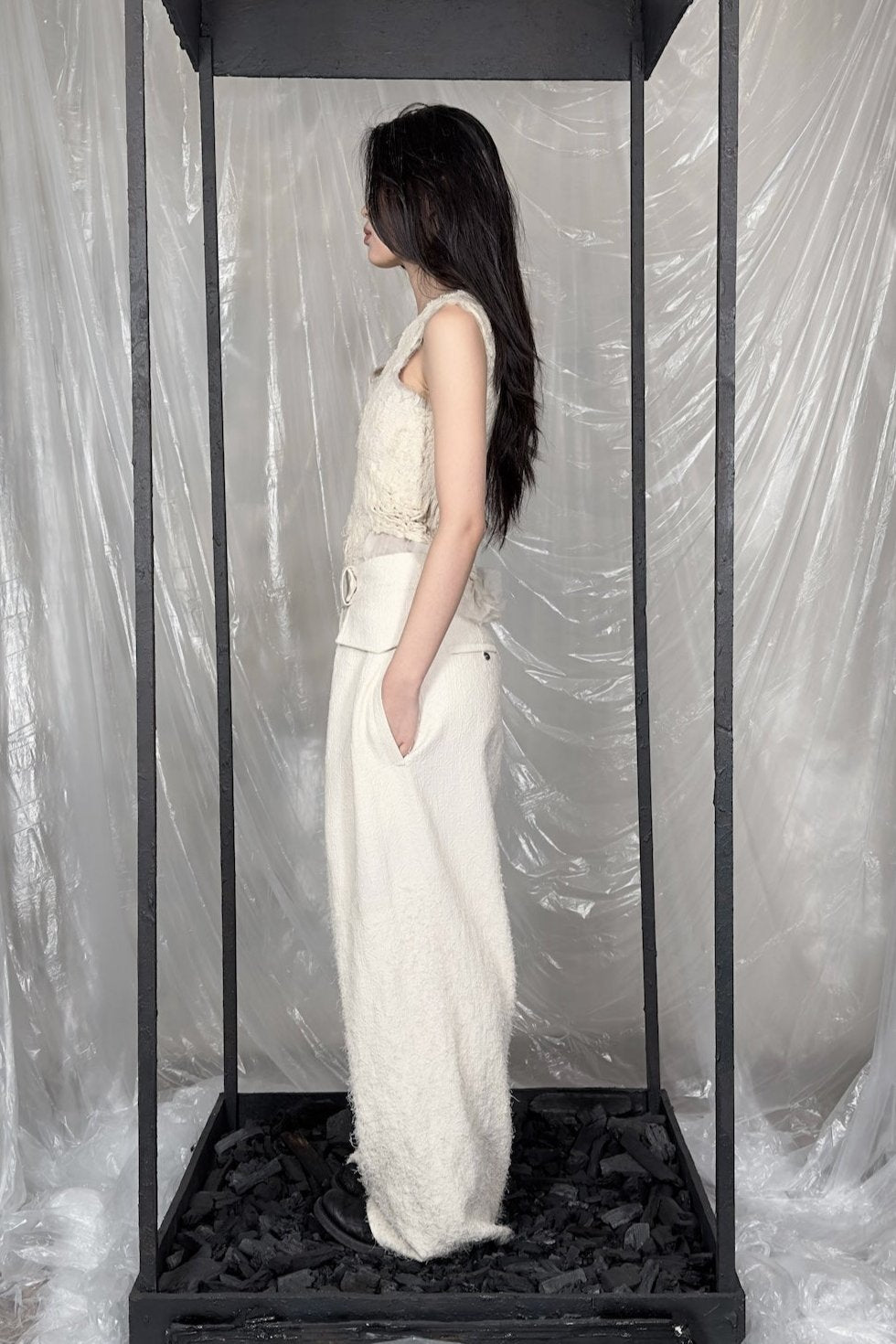 Sandrine Philippe Wool Wide-leg pants, deconstructed fabric - handmade Avant-Garde Textural Experimental Design
