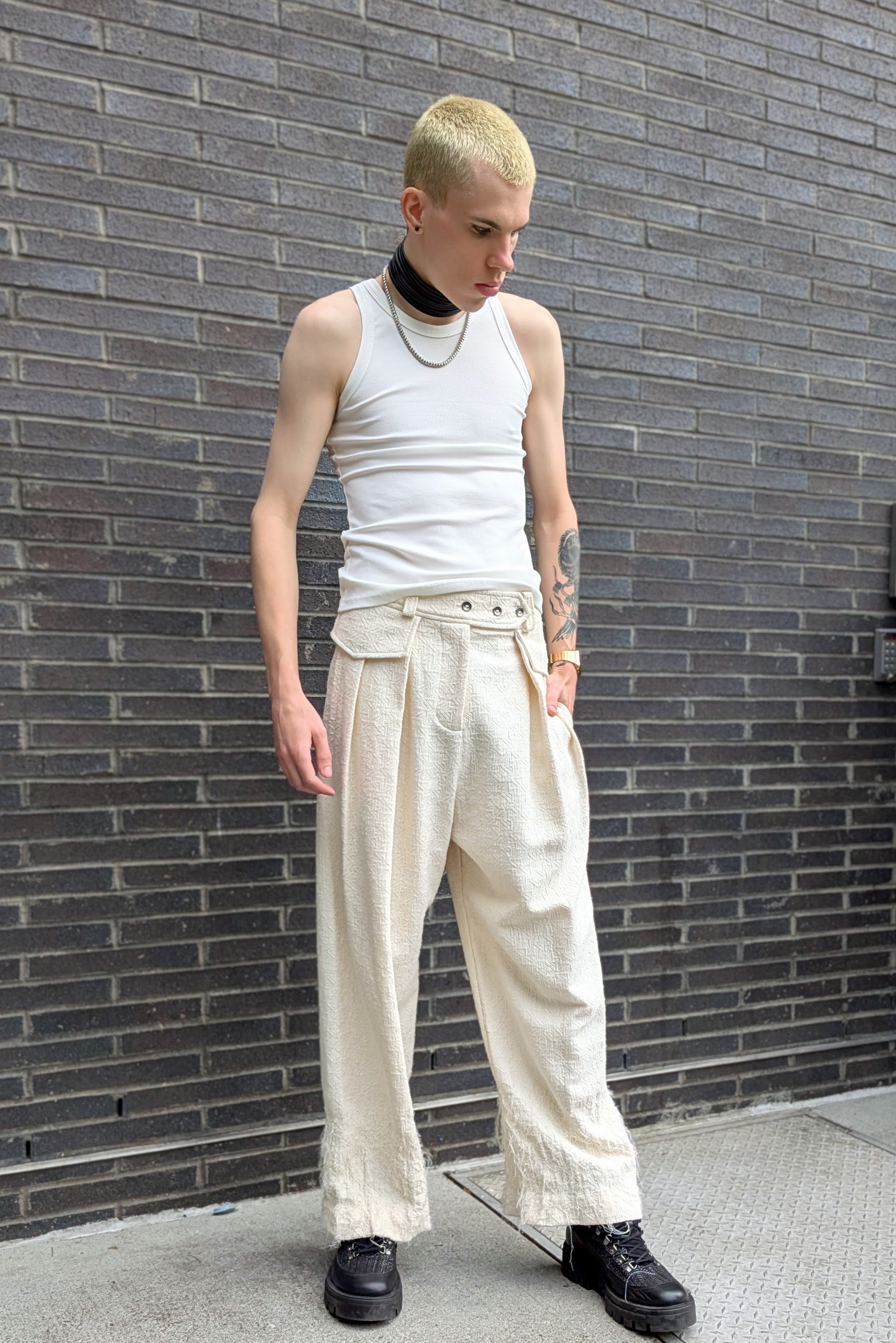 Sandrine Philippe Wool Wide-leg pants, deconstructed fabric - handmade Avant-Garde Textural Experimental Design. LiLi The First NYC