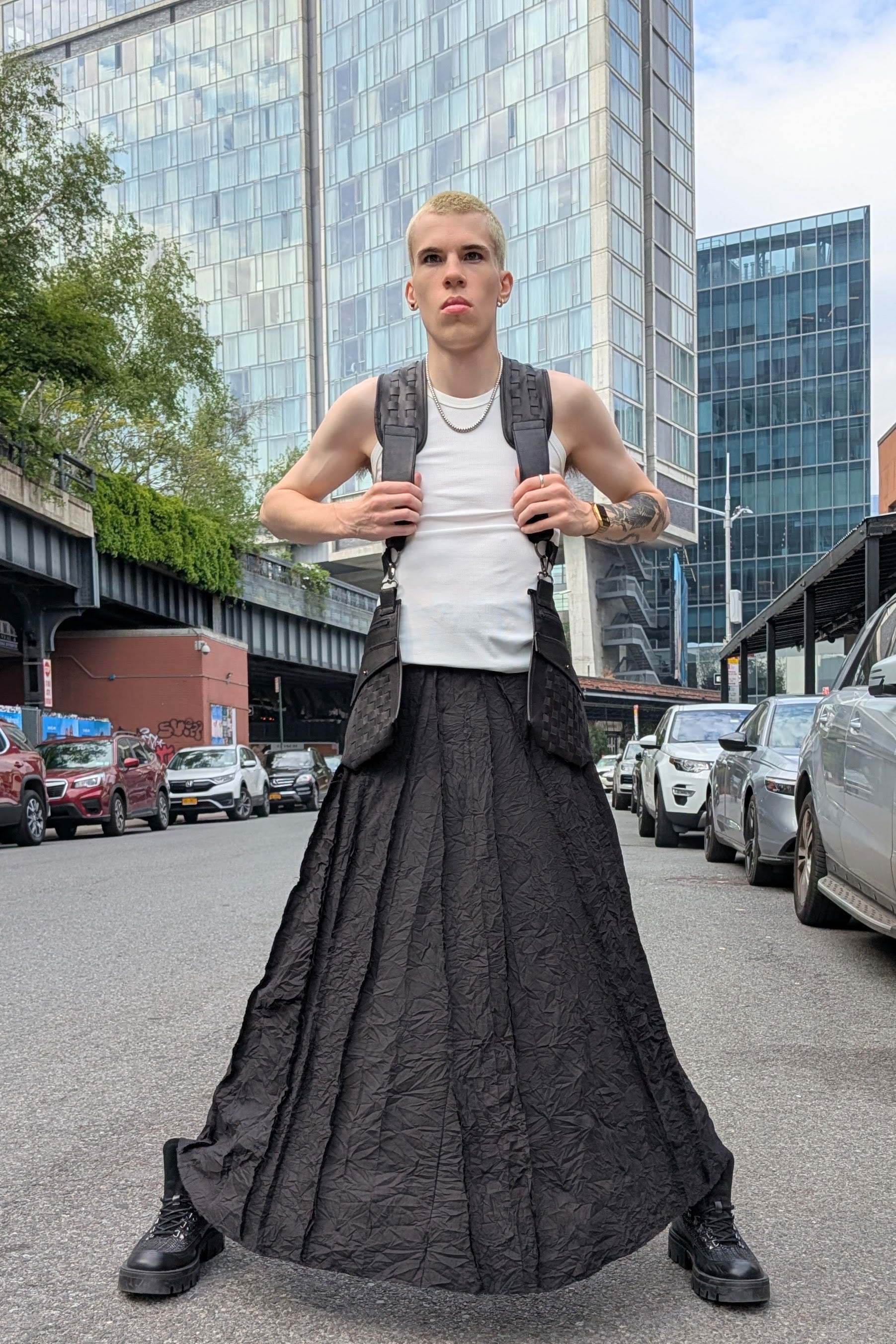 Sandrine Philippe leather harness, detachable side pockets, Woven by hand in France - Experimental design - LiLi The First NYC