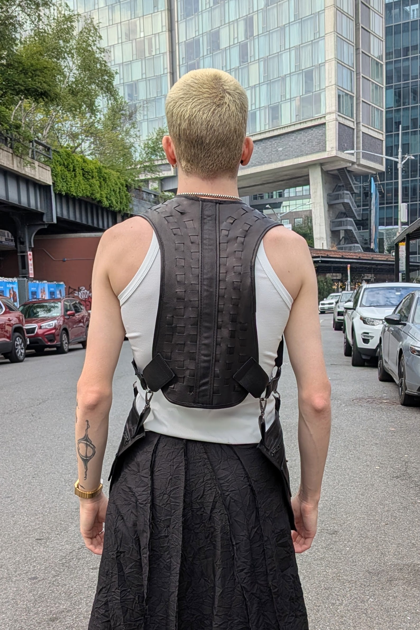 Sandrine Philippe leather harness, detachable side pockets, Woven by hand in France - Experimental design - LiLi The First NYC