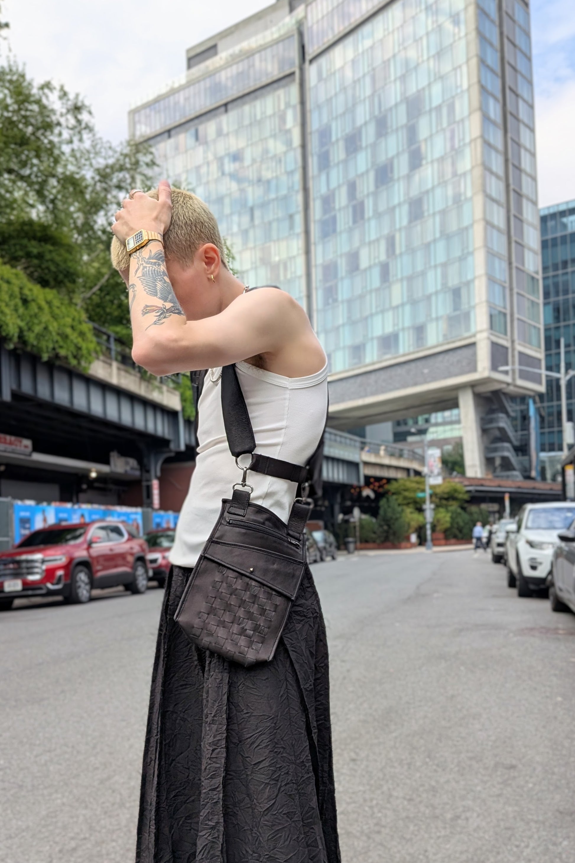 Sandrine Philippe leather harness, detachable side pockets, Woven by hand in France - Experimental design - LiLi The First NYC