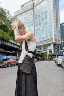 Sandrine Philippe leather harness, detachable side pockets, Woven by hand in France - Experimental design - LiLi The First NYC