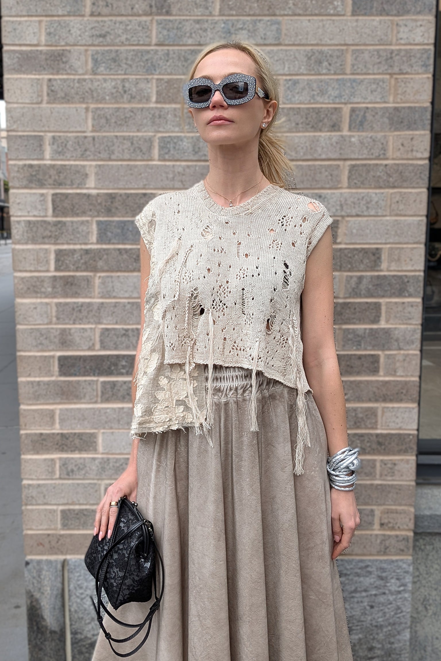 Serienumerica - Knit Top - Hand stitching, Cotton lace, Natural