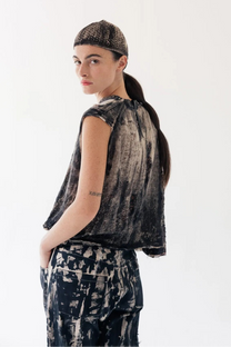 Serienumerica - Tank top - knitted, hand-painted, Lace insert - Cotton