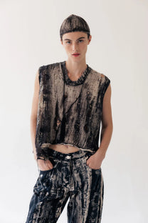 Serienumerica - Tank top - knitted, hand-painted, Lace insert - Cotton