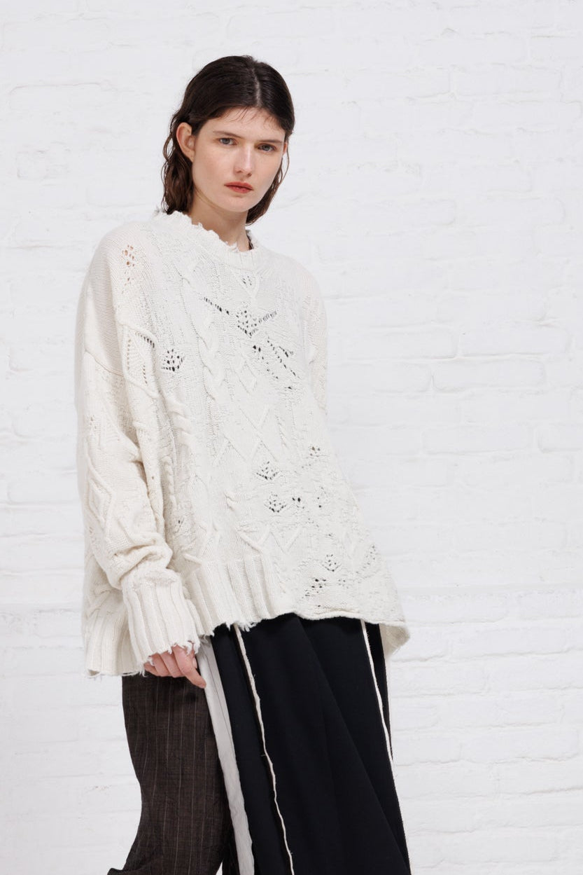 Serienumerica Adriana white distressed Sweater, fine merino wool. Unisex.