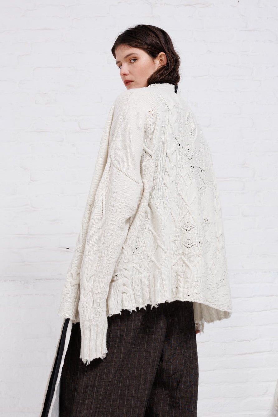 Serienumerica Adriana white distressed Sweater, fine merino wool. Unisex.