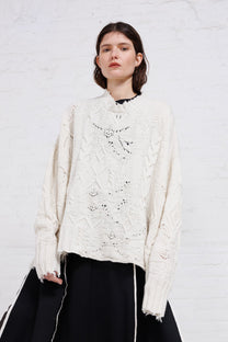 Serienumerica Adriana white distressed Sweater, fine merino wool. Unisex.