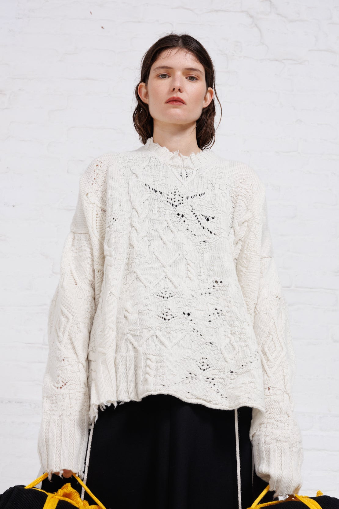 Serienumerica Adriana white distressed Sweater, fine merino wool. Unisex.