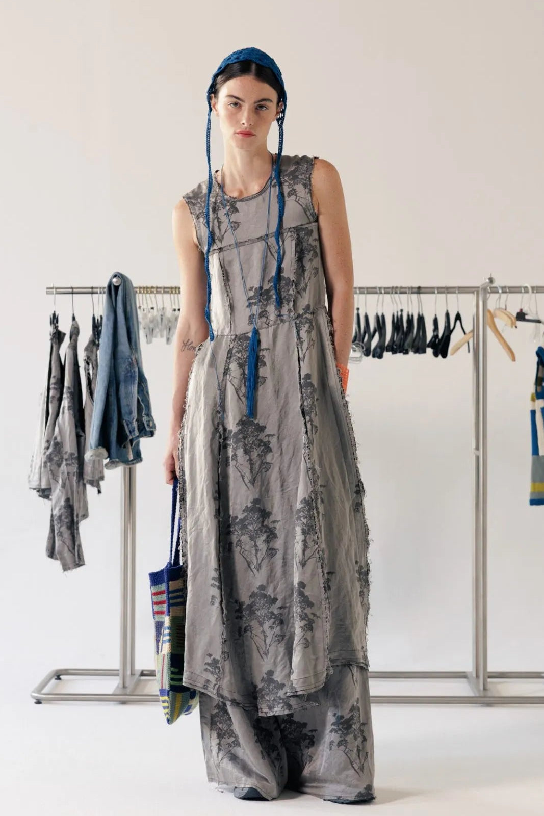 Serienumerica Apron Top - Silver Print - linen