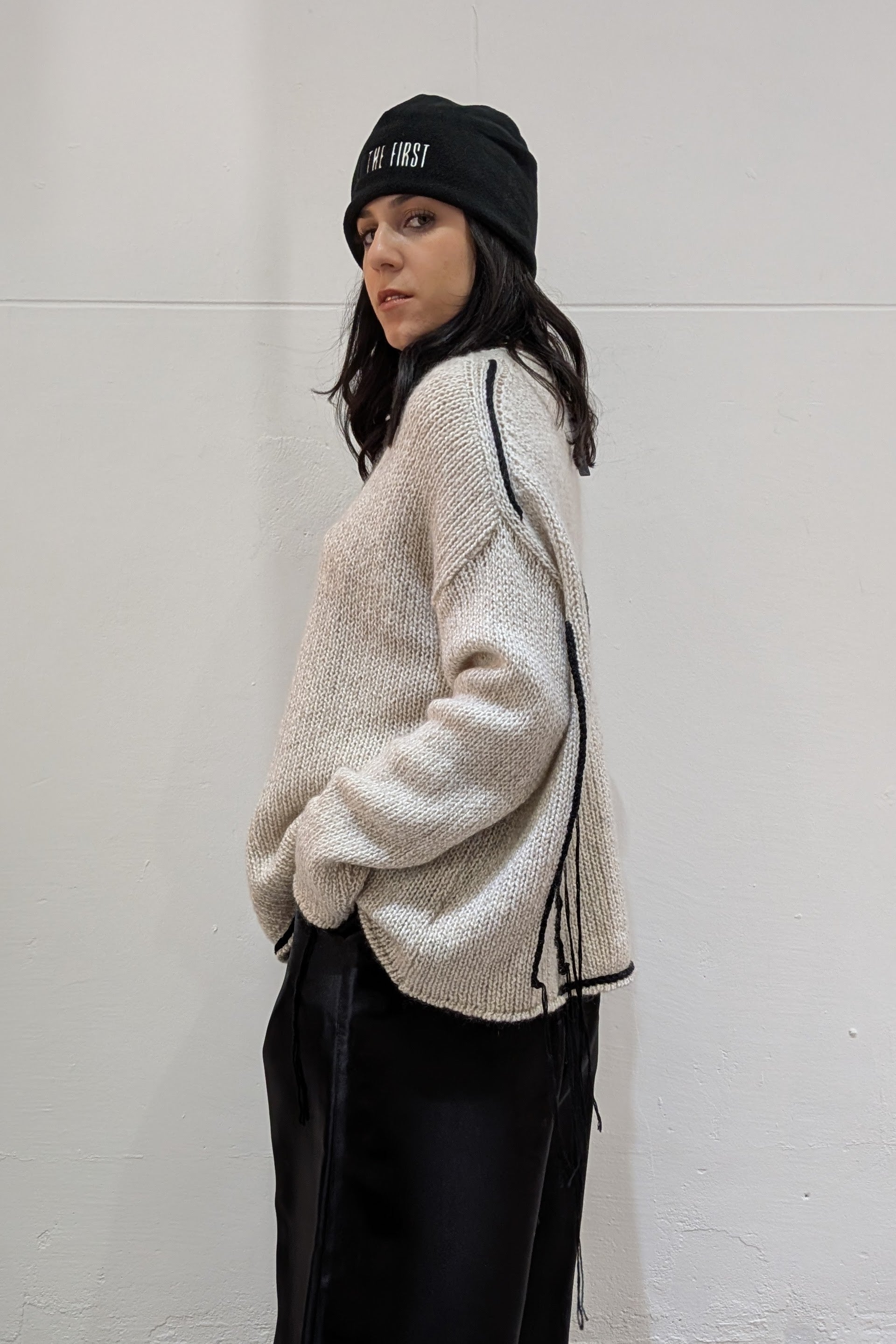 Serienumerica large knitted silk cashmere wool sweater, hand embellished. Oversized. Unisex