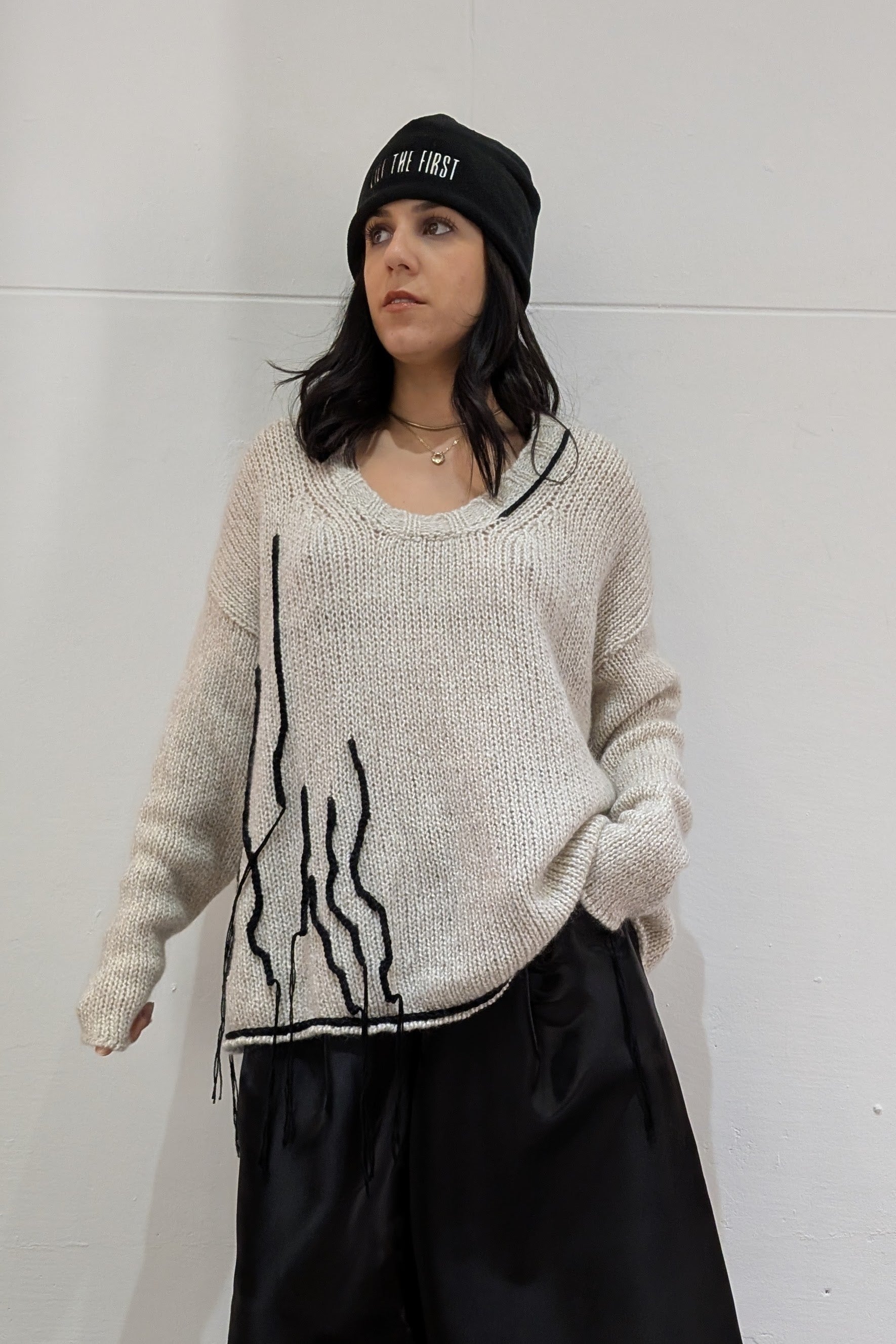 Serienumerica large knitted silk cashmere wool sweater, hand embellished. Oversized. Unisex