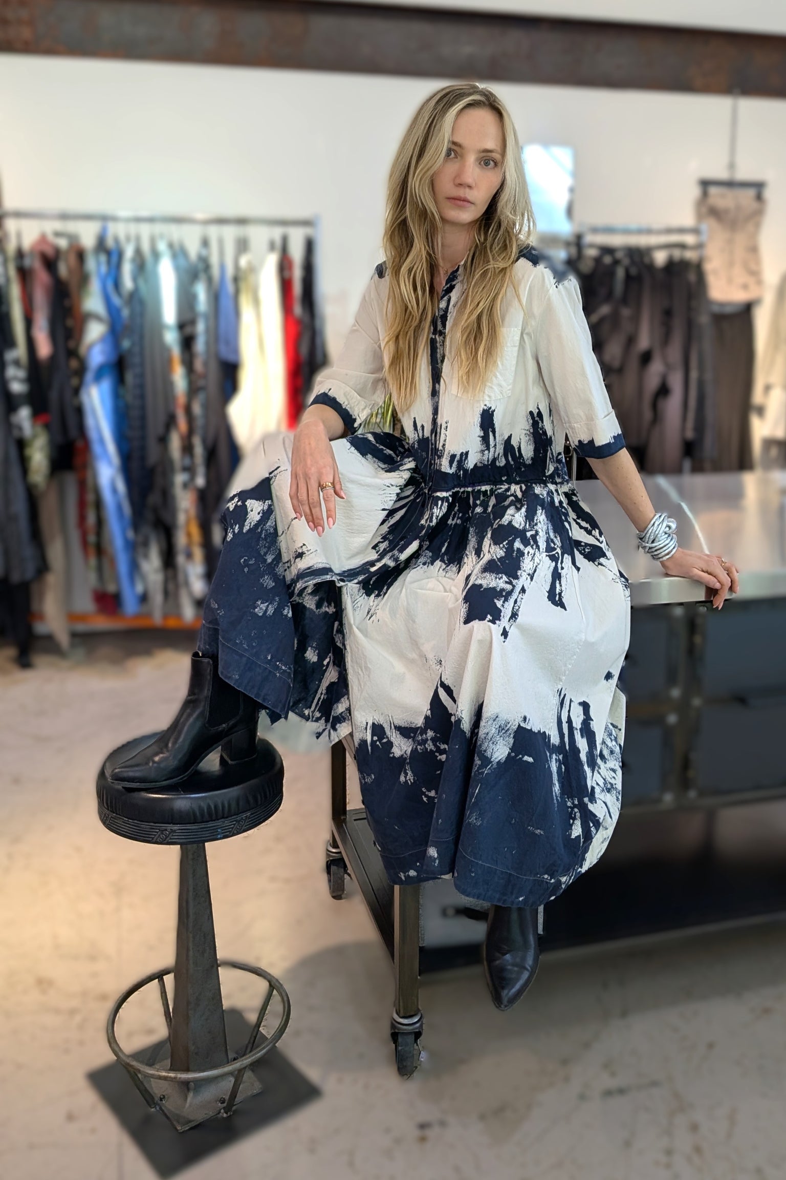 Serienumerica dress. Cotton. Long i hand-painted