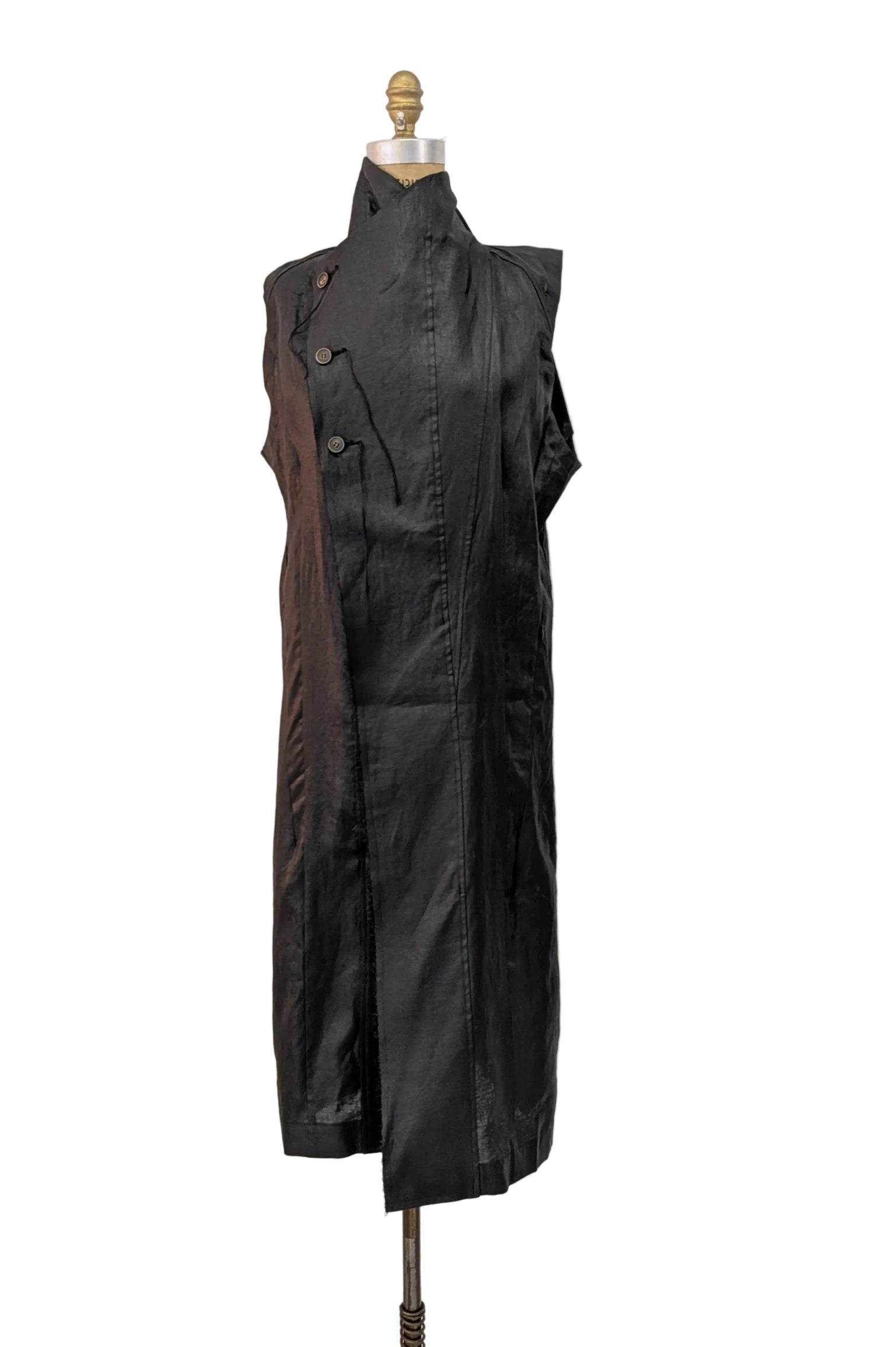 Shinyaseki Long Waxed Linen vest, Leather look, Japan, Black