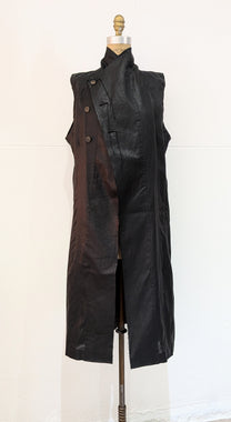 Shinyaseki Long Waxed Linen vest, Leather look, Japan, Black