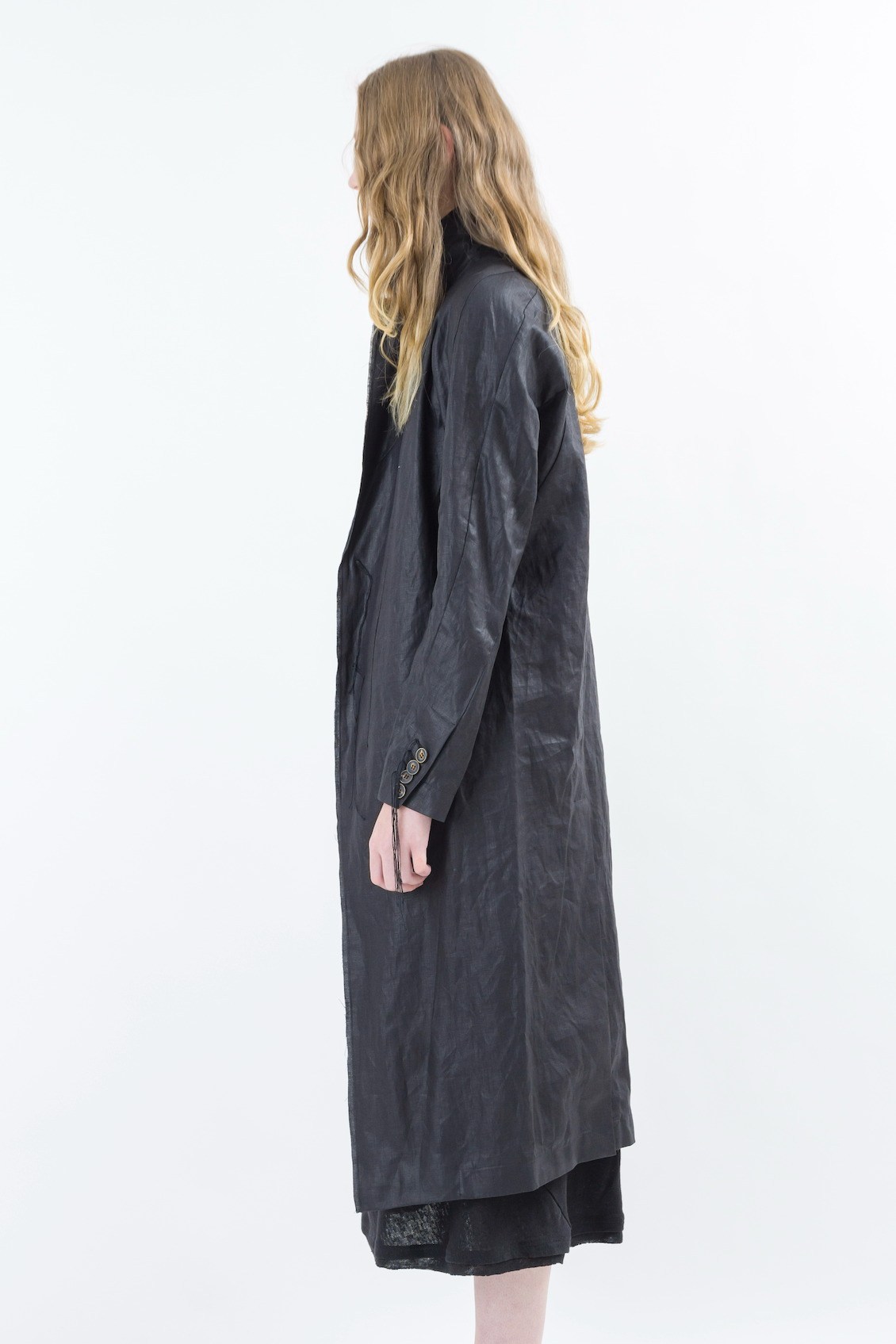 Shinyaseki Duster Trench Coat Japanese Waxed Linen Black