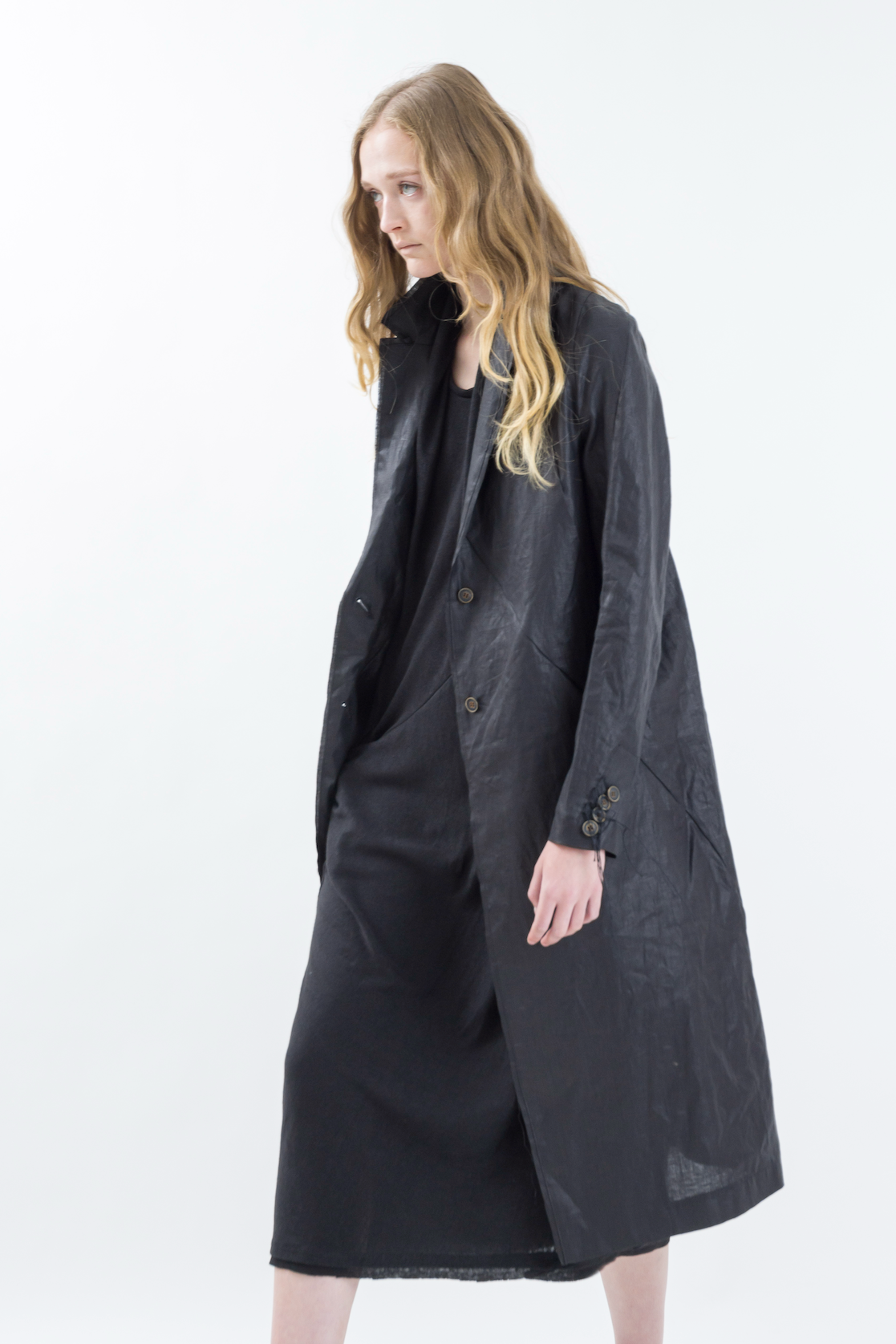 Shinyaseki Duster Trench Coat Japanese Waxed Linen Black