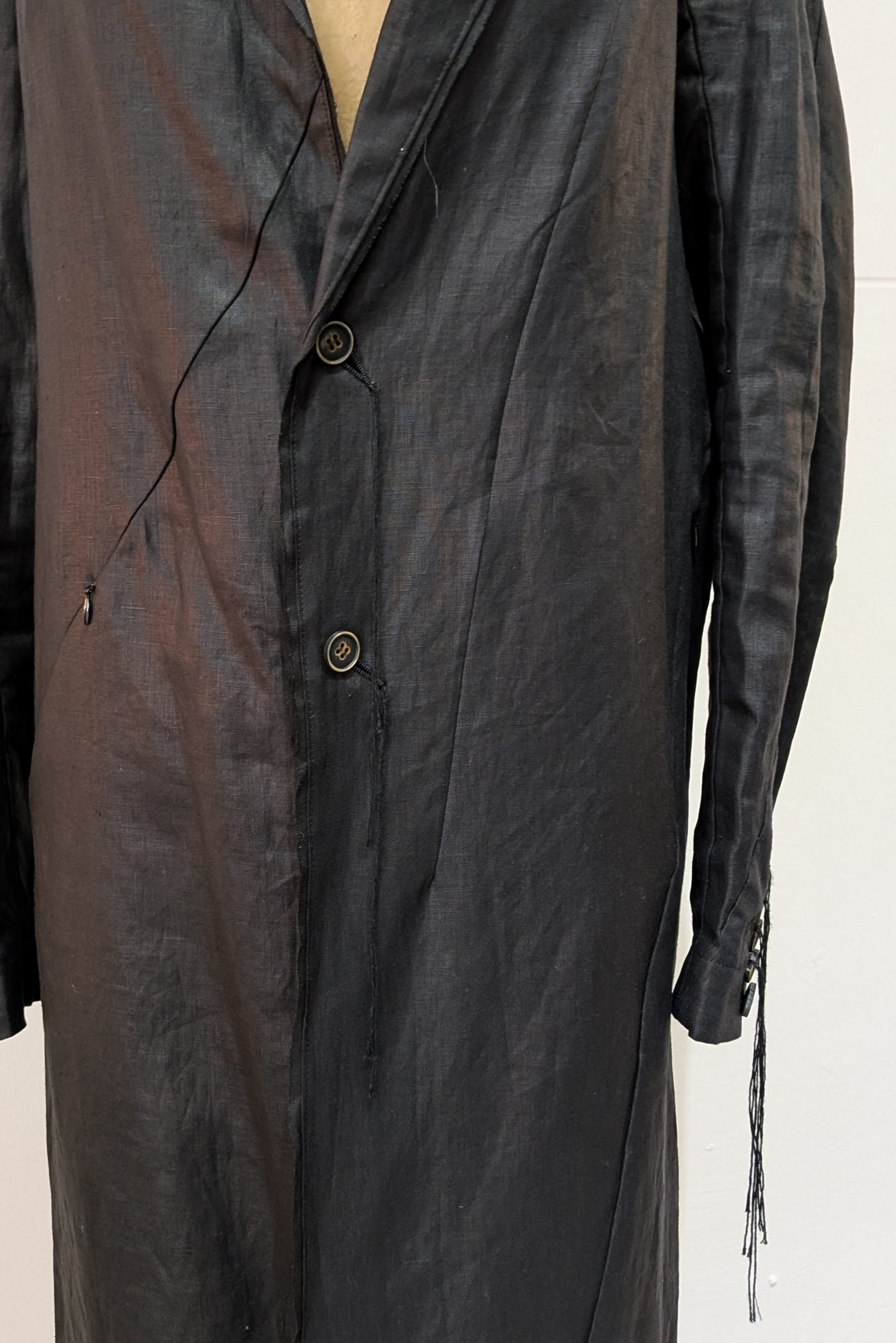 Shinyaseki Duster Trench Coat Japanese Waxed Linen Black