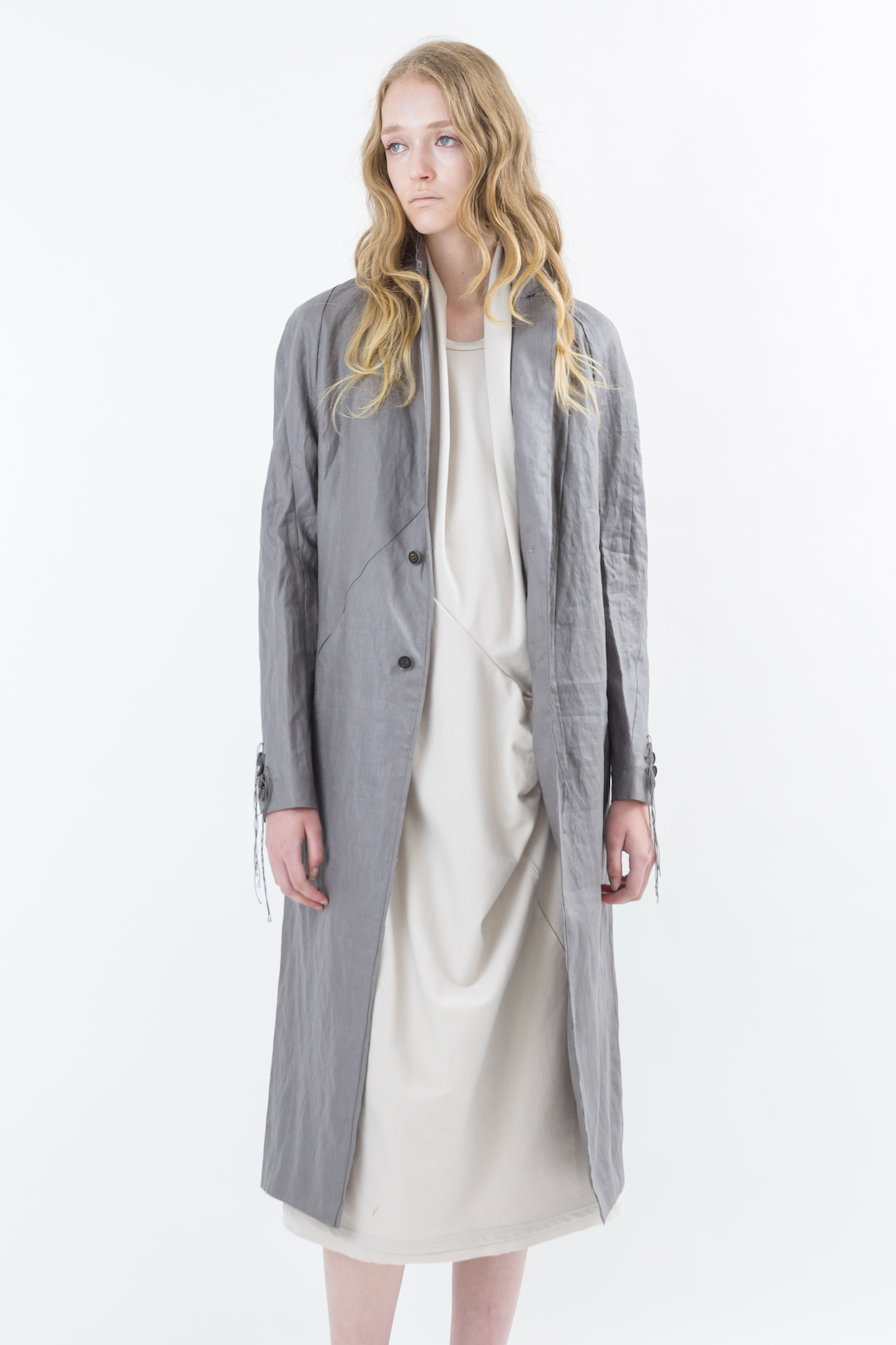 Shinyaseki Duster Trench Coat Japanese Waxed Linen Gray