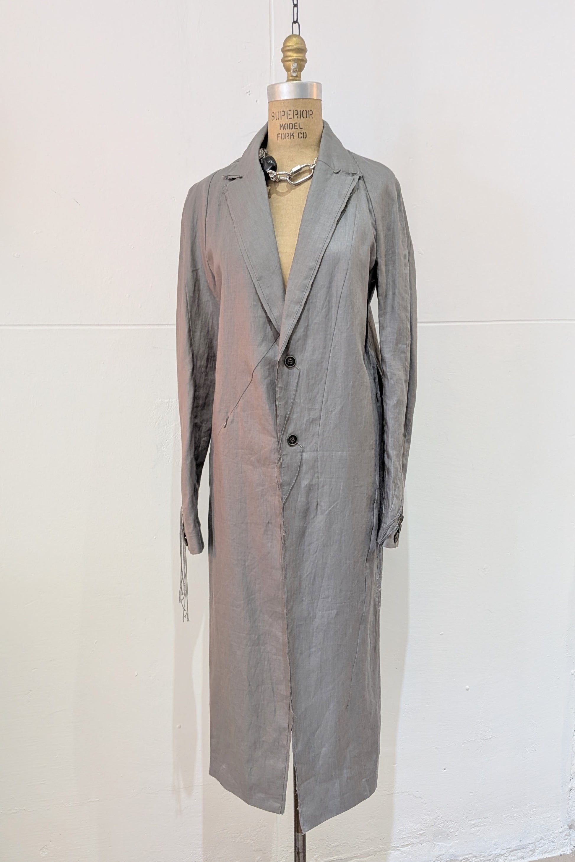 Shinyaseki Duster Trench Coat Japanese Waxed Linen Gray