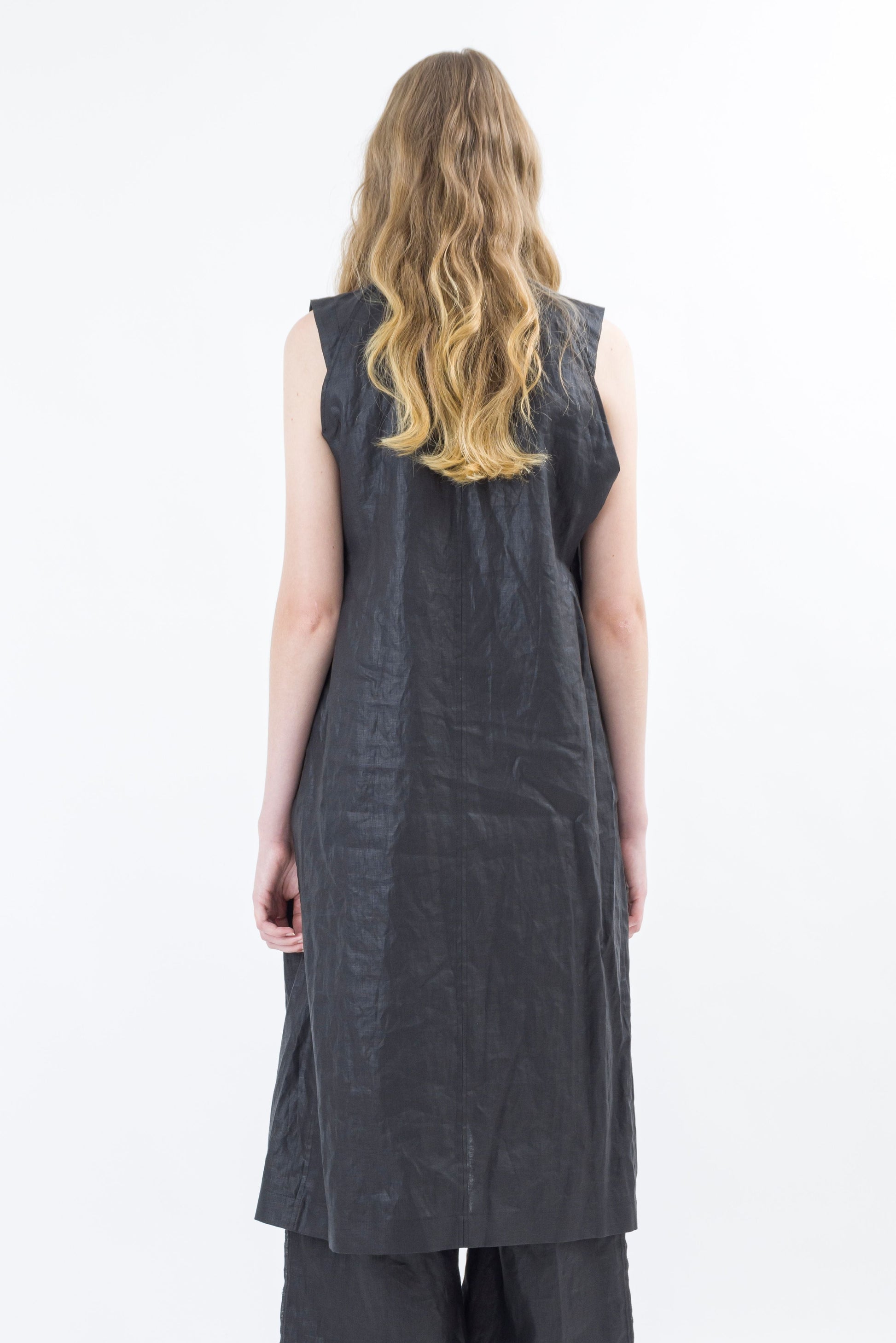 Shinyaseki Long Waxed Linen vest, Leather look, Japan, Black