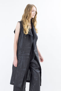 Shinyaseki Long Waxed Linen vest, Leather look, Japan, Black