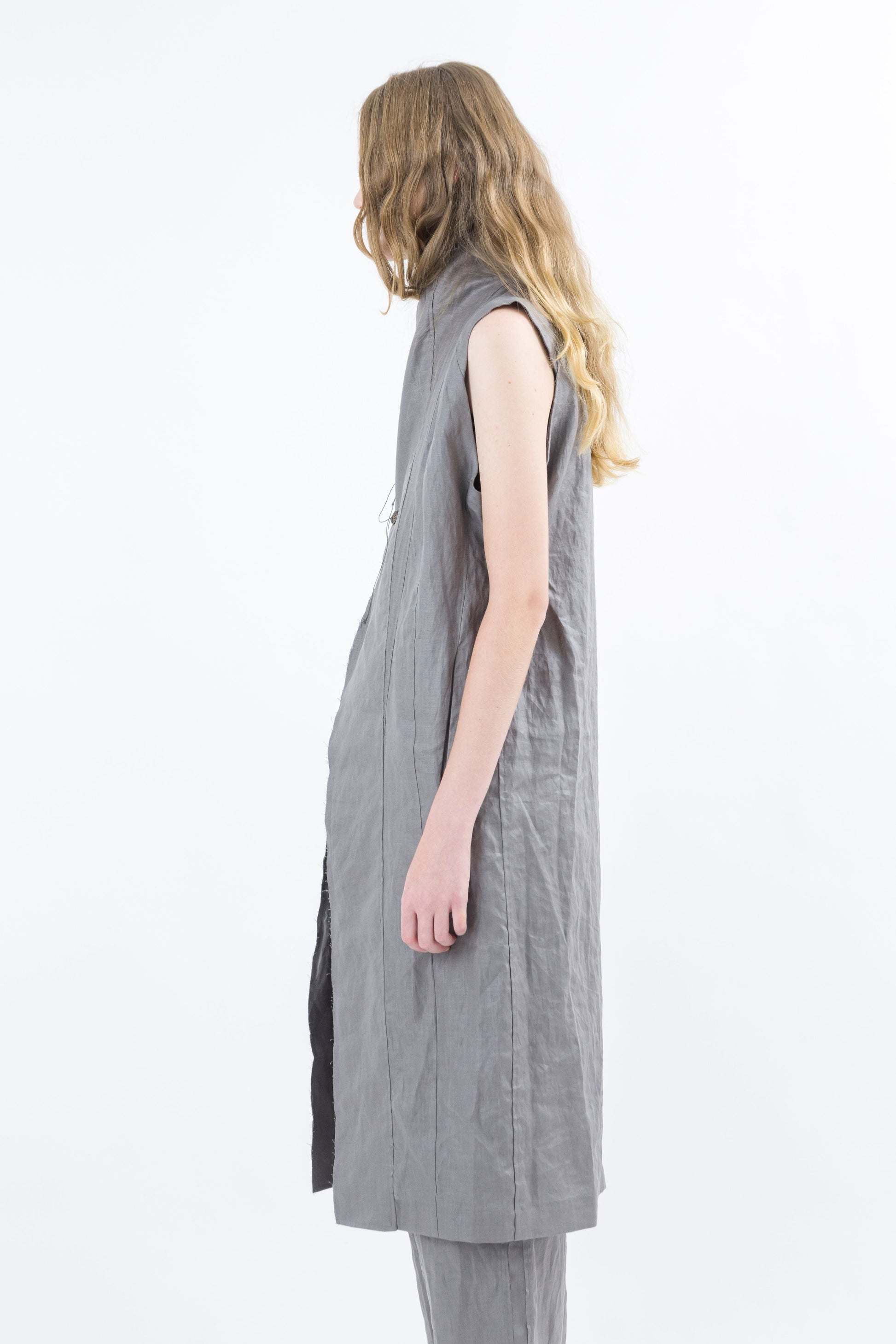 Shinyaseki Long Waxed Linen Vest Gray Japan