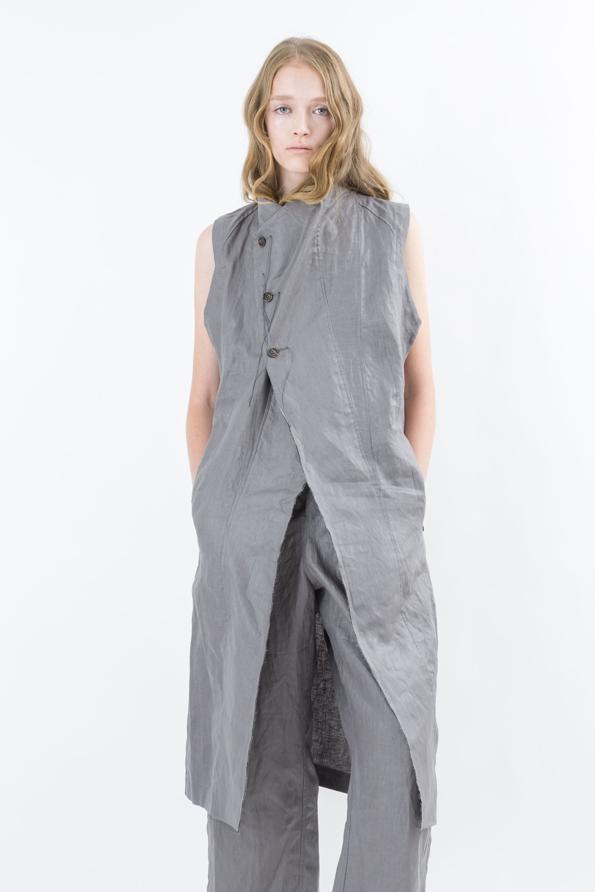 Shinyaseki Long Waxed Linen Vest Gray Japan