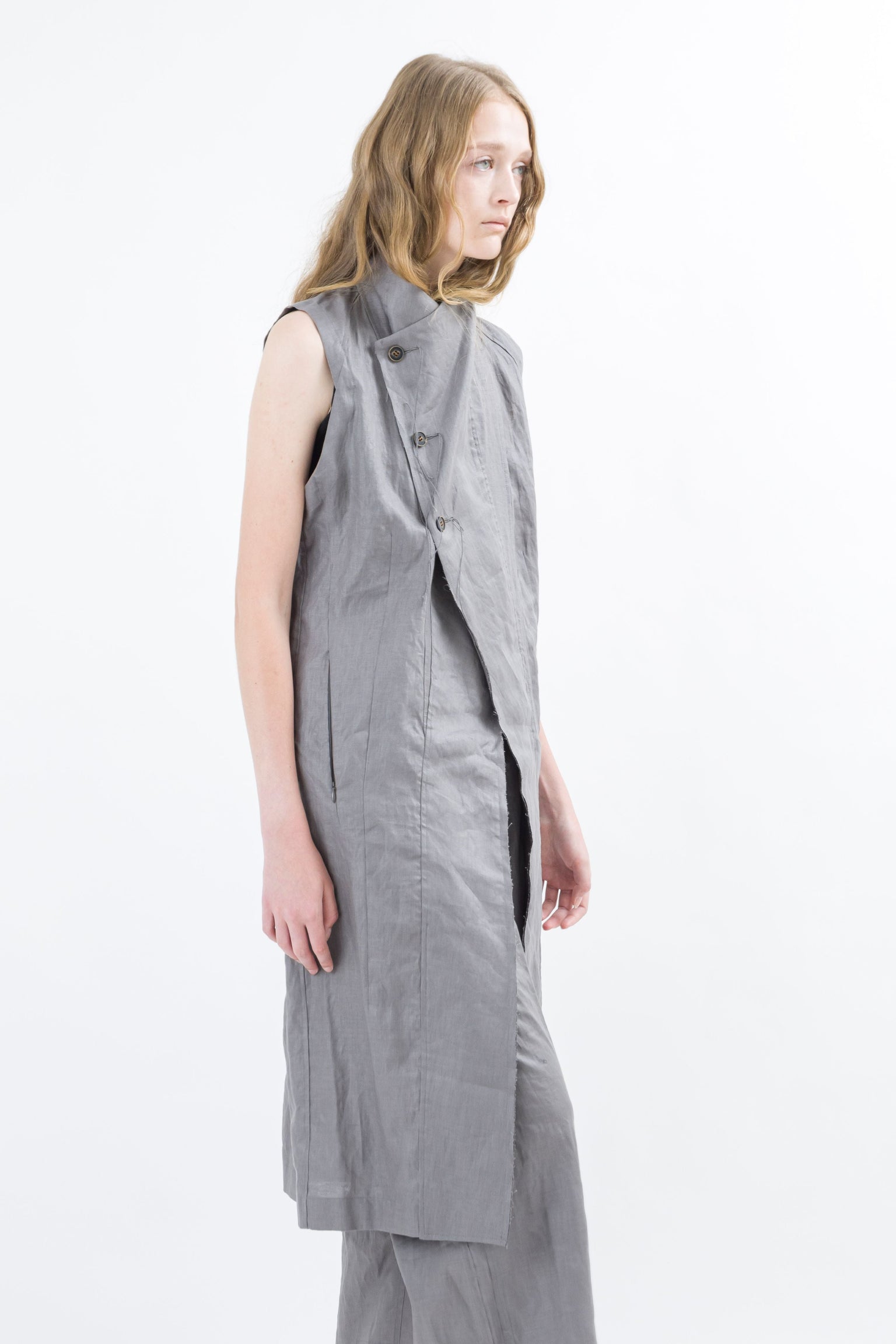 Shinyaseki Long Waxed Linen Vest Gray Japan