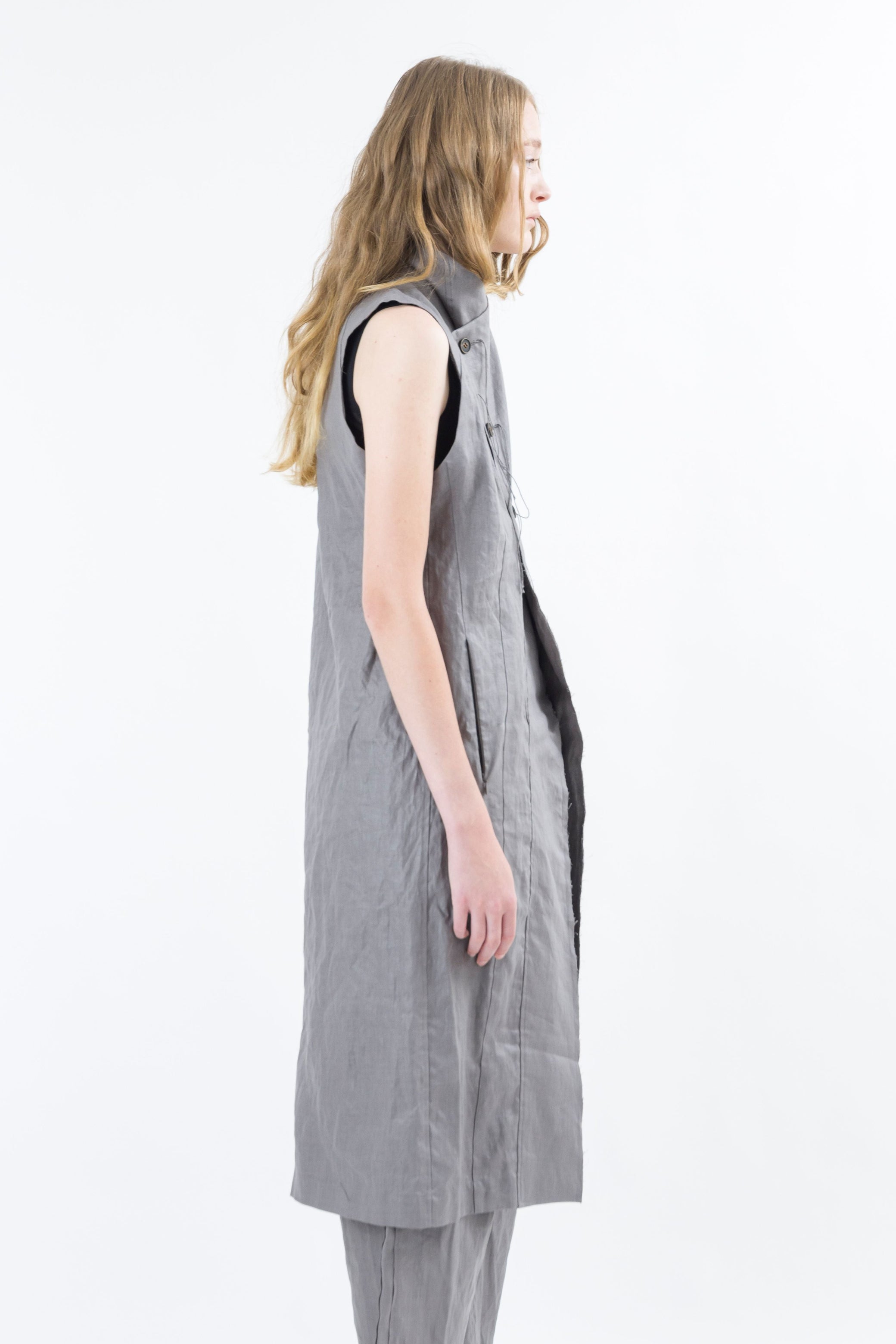 Shinyaseki Long Waxed Linen Vest Gray Japan