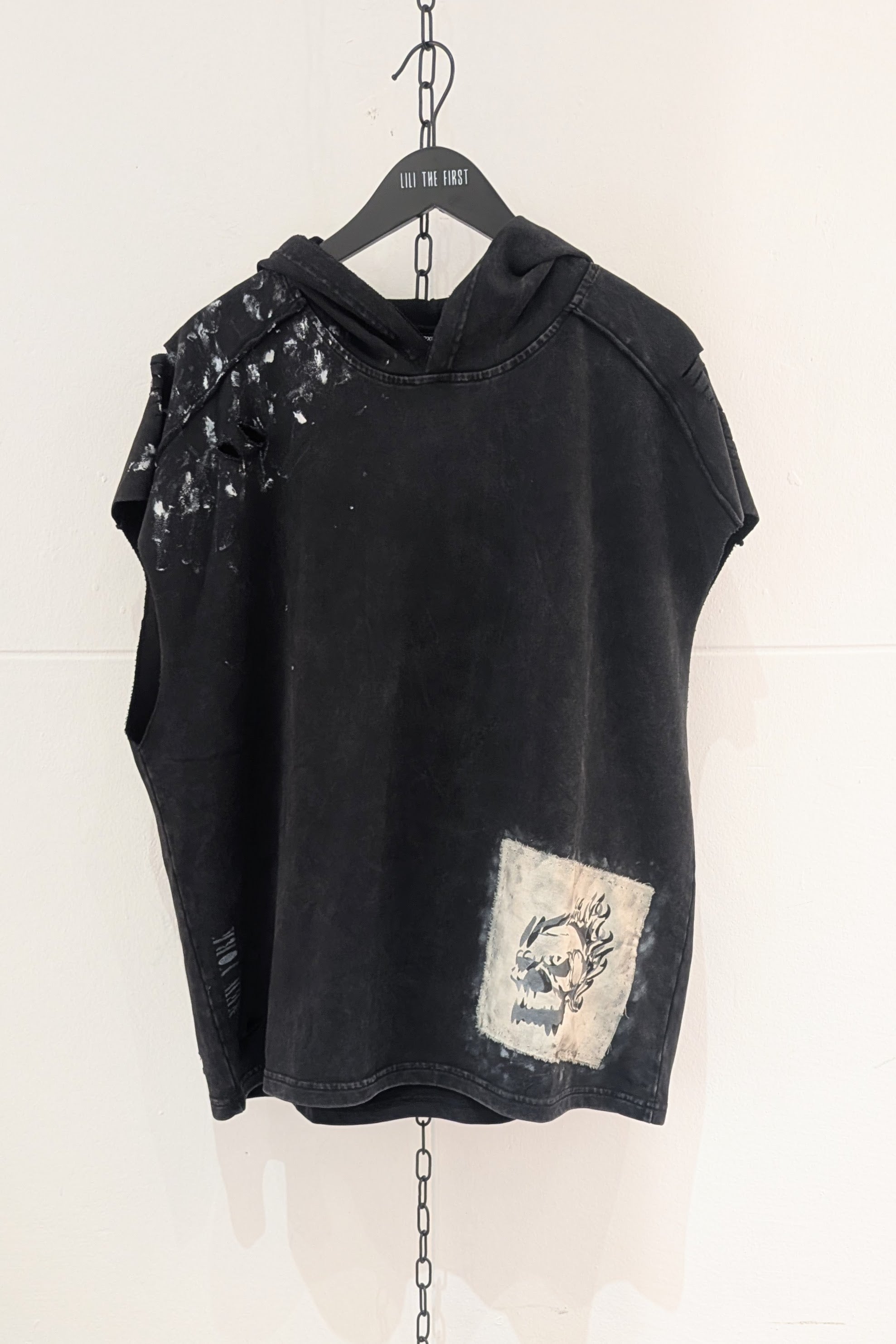 Sleeveless hoodie - distressed - cotton - wings or skull
