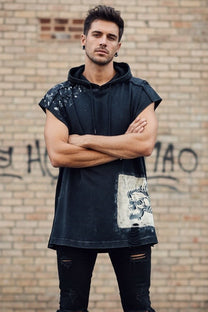 Sleeveless hoodie - distressed - cotton - wings or skull