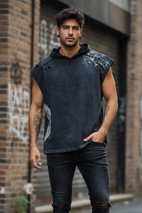 Sleeveless hoodie - distressed - cotton - wings or skull