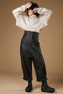 Studio-b3-pants-high waist - black - coated cotton