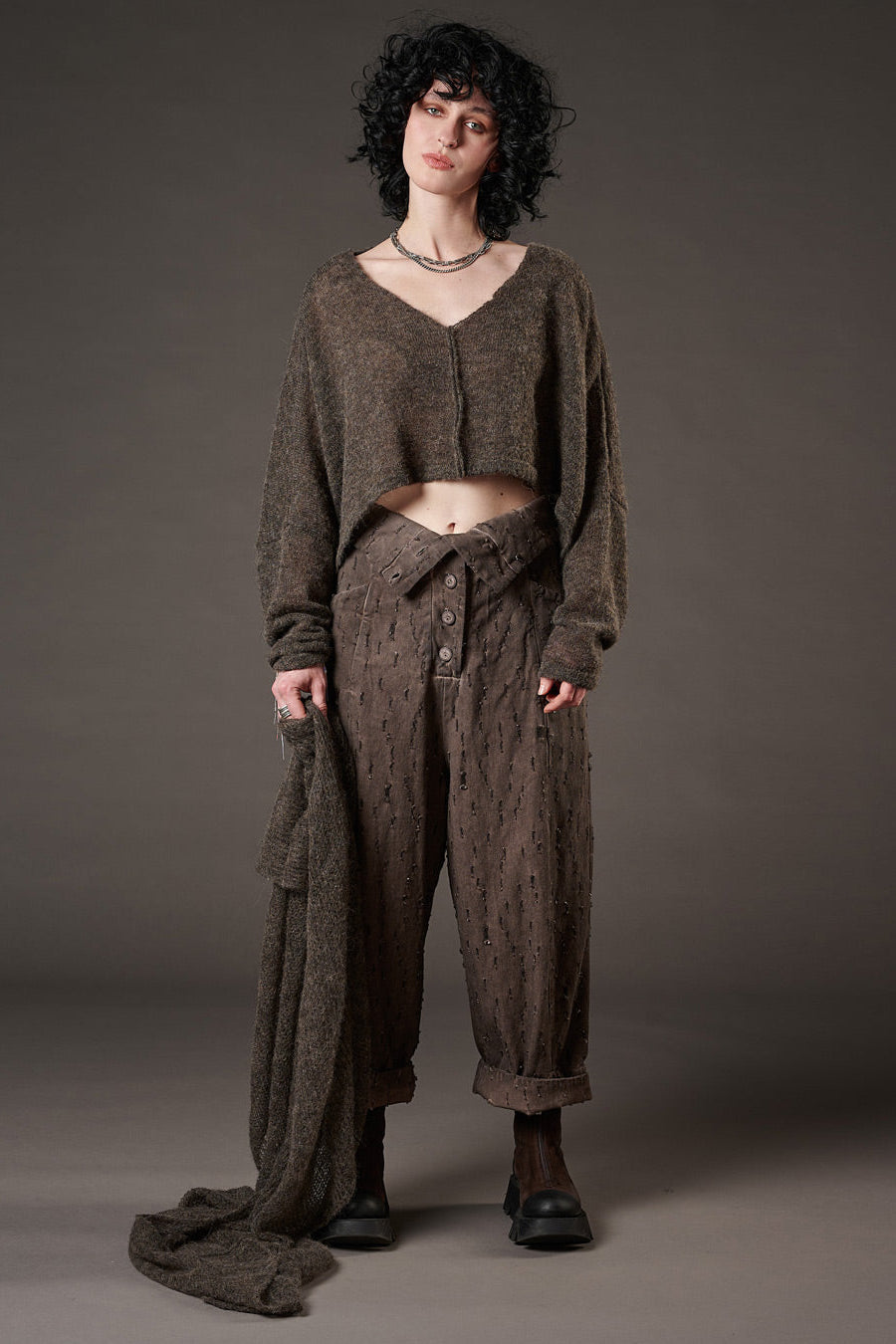 Studio B3 - High waist pants - buttons front - brown - Distressed