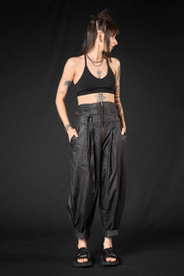 Studio B3 - Pants trousers - Coated linen, leather look, avant-garde, black