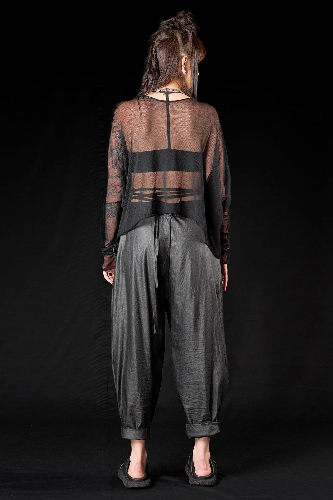 Studio B3 - Pants trousers - Coated linen, leather look, avant-garde, black