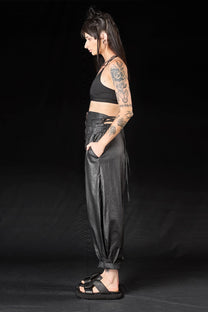 Studio B3 - Pants trousers - Coated linen, leather look, avant-garde, black