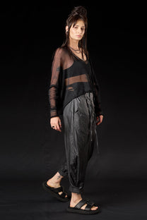 Studio B3 - Pants trousers - Coated linen, leather look, avant-garde, black