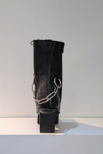 Fecal Matter x Trippen Collaboration Hard Core black leather platform booties with chains, Avant-Garde style