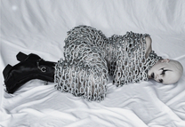 Fecal Matter x Trippen Collaboration Hard Core black leather platform booties with chains, Avant-Garde style