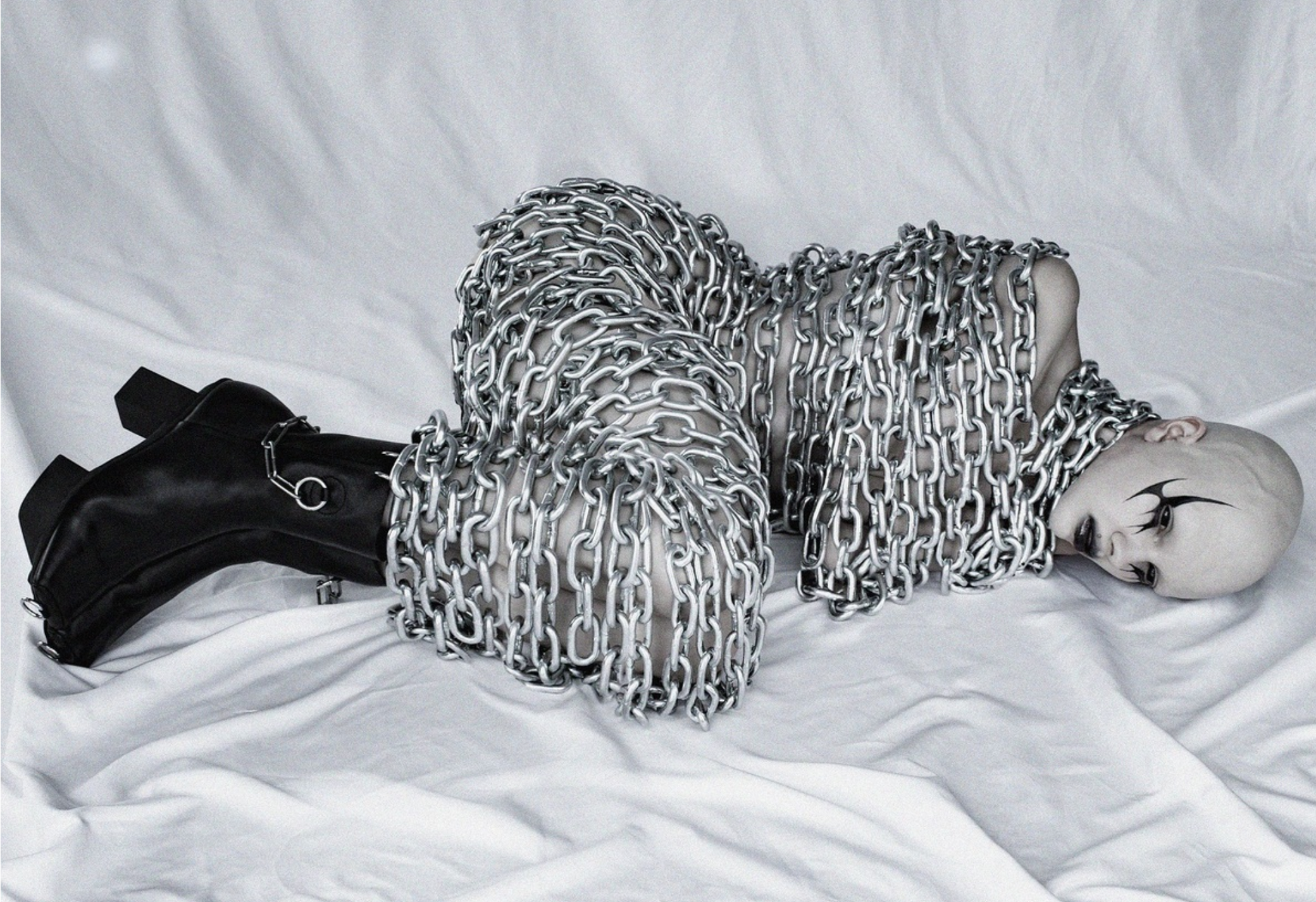 Fecal Matter x Trippen Collaboration Hard Core black leather platform booties with chains, Avant-Garde style